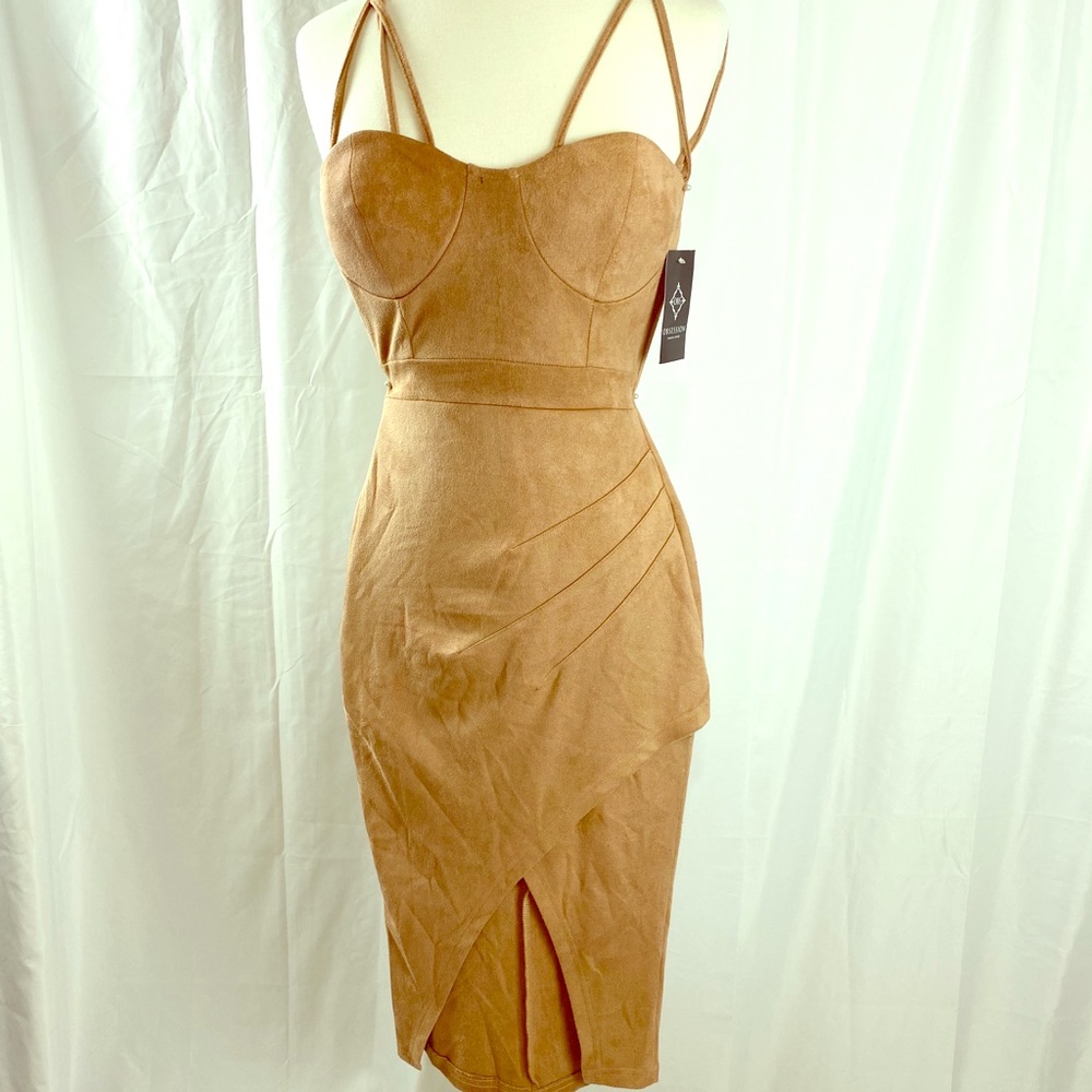 Obsession Cross Front Camel Suede Dress Size S NWT